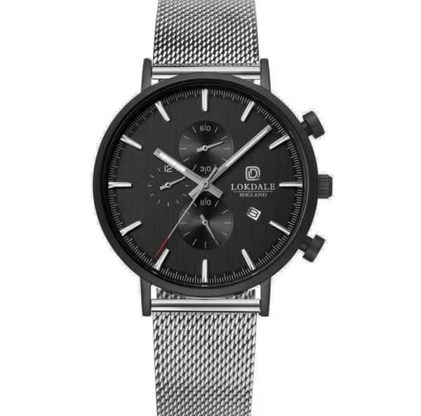Men's Matt Black Chronograph 316L Stainless Steel Watch - Goshawk Silver DARK SKIES LOKDALE WATCHES 