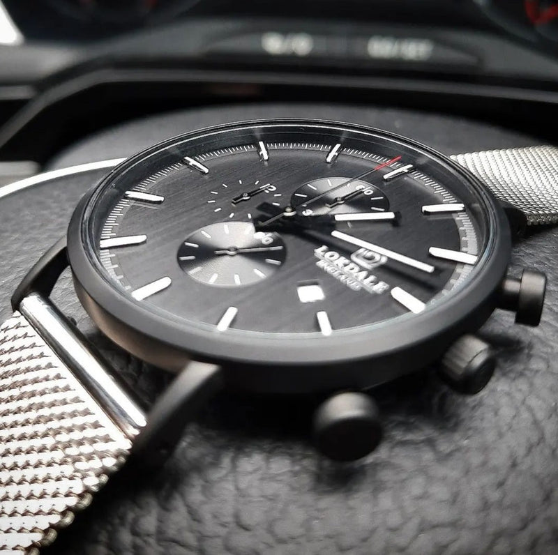 Men's Matt Black Chronograph 316L Stainless Steel Watch - Goshawk Silver DARK SKIES LOKDALE WATCHES 