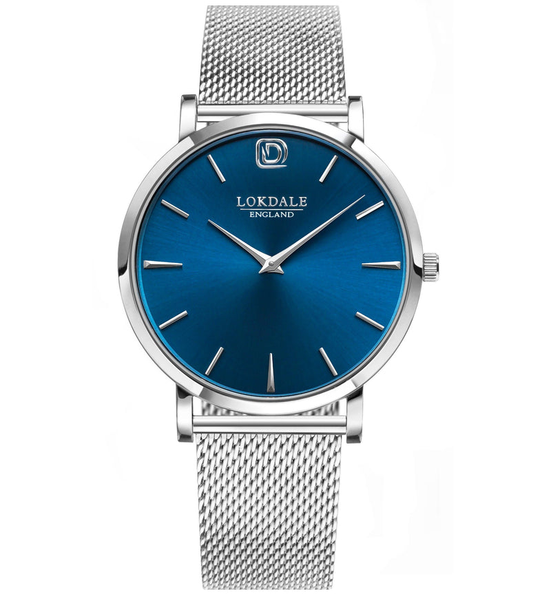 Men's Silver Blue 316L Stainless Steel Watch - Nuthatch DARK SKIES LOKDALE LTD 